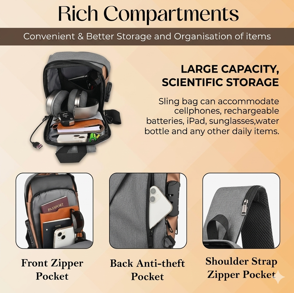 Anti-Theft Sling Bag With A USB Charging Cable